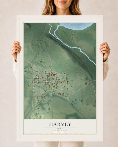 Map of Harvey, Iowa, 24 x 36 inch print in a white wood frame