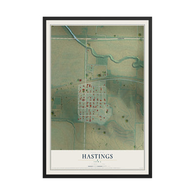 Map of Hastings, Iowa, 12 x 18 inch print in a black wood frame