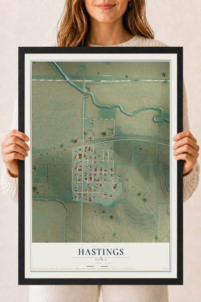 Map of Hastings, Iowa, 18 x 24 inch print in a black wood frame