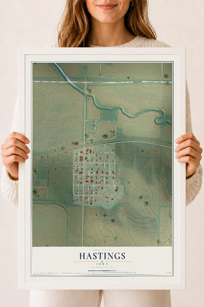 Map of Hastings, Iowa, 18 x 24 inch print in a white wood frame