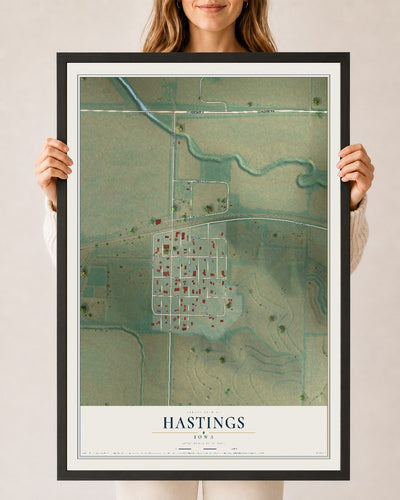 Map of Hastings, Iowa, 24 x 36 inch print in a black wood frame