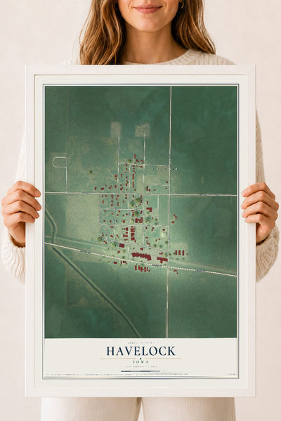 Map of Havelock, Iowa, 18 x 24 inch print in a white wood frame