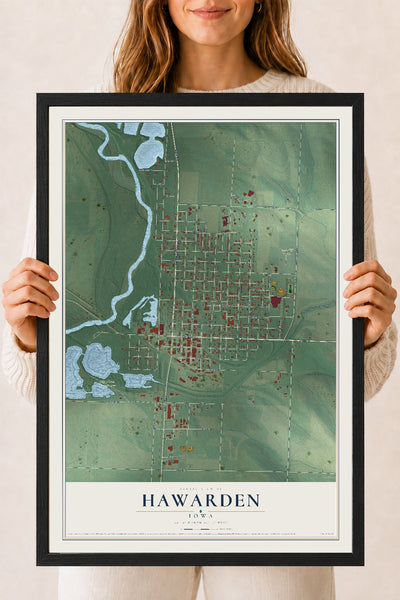 Map of Hawarden, Iowa, 18 x 24 inch print in a black wood frame