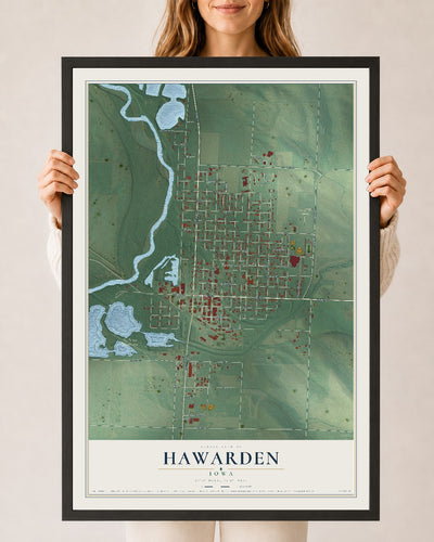 Map of Hawarden, Iowa, 24 x 36 inch print in a black wood frame