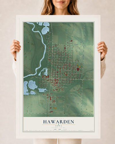 Map of Hawarden, Iowa, 24 x 36 inch print in a white wood frame