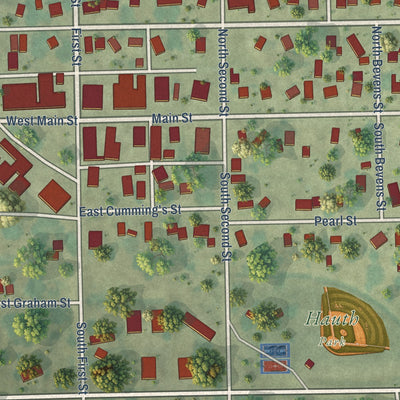 Close-up of the map of Hawkeye, Iowa print showing street and building detail