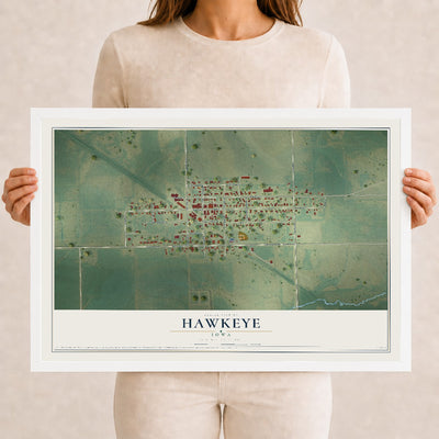 Map of Hawkeye, Iowa, 12 x 18 inch print in a white wood frame