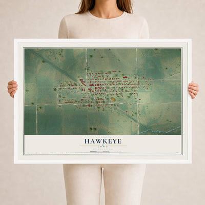 Map of Hawkeye, Iowa, 24 x 36 inch print in a white wood frame
