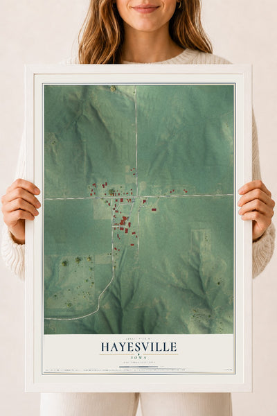 Map of Hayesville, Iowa, 18 x 24 inch print in a white wood frame