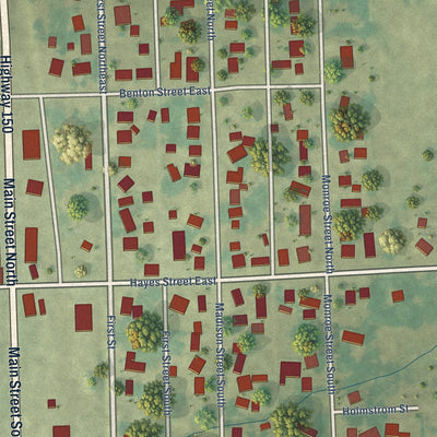 Close-up of the map of Hazleton, Iowa print showing street and building detail