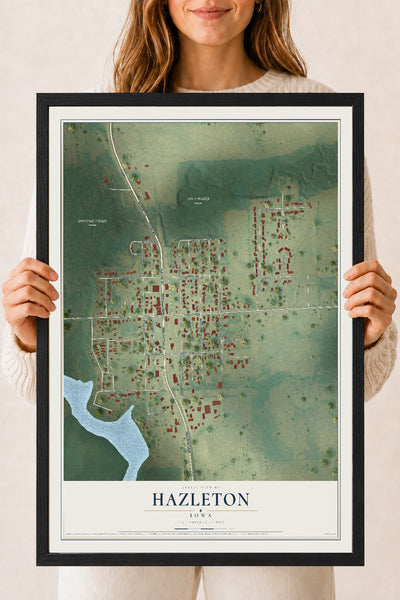 Map of Hazleton, Iowa, 18 x 24 inch print in a black wood frame