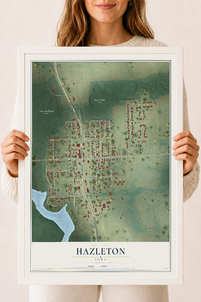 Map of Hazleton, Iowa, 18 x 24 inch print in a white wood frame