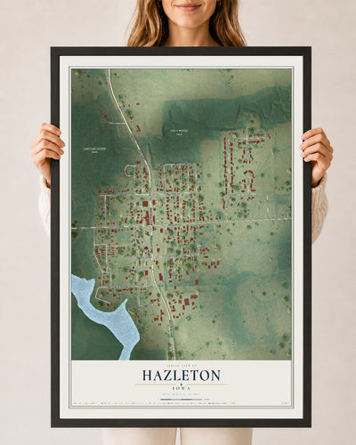 Map of Hazleton, Iowa, 24 x 36 inch print in a black wood frame
