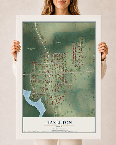 Map of Hazleton, Iowa, 24 x 36 inch print in a white wood frame