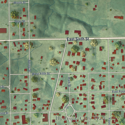 Close-up of the map of Hedrick, Iowa print showing street and building detail