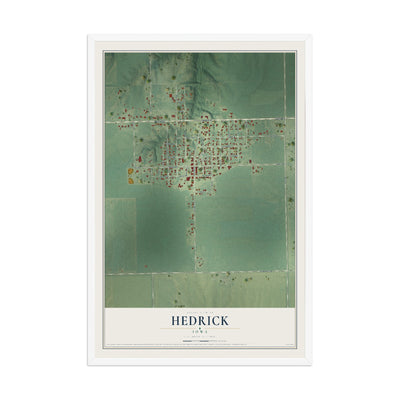 Map of Hedrick, Iowa, 12 x 18 inch print in a white wood frame