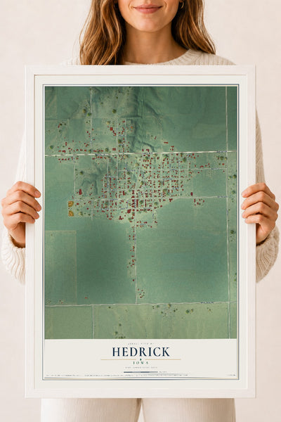 Map of Hedrick, Iowa, 18 x 24 inch print in a white wood frame