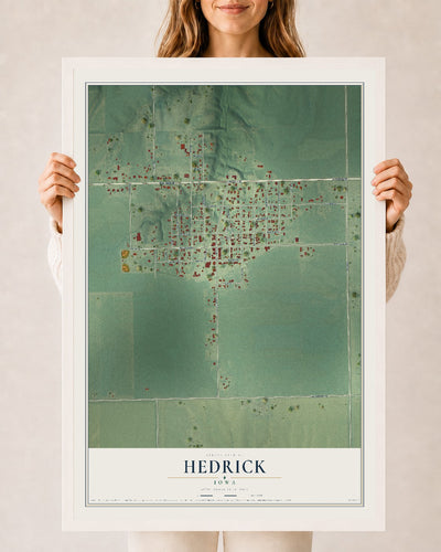 Map of Hedrick, Iowa, 24 x 36 inch print in a white wood frame