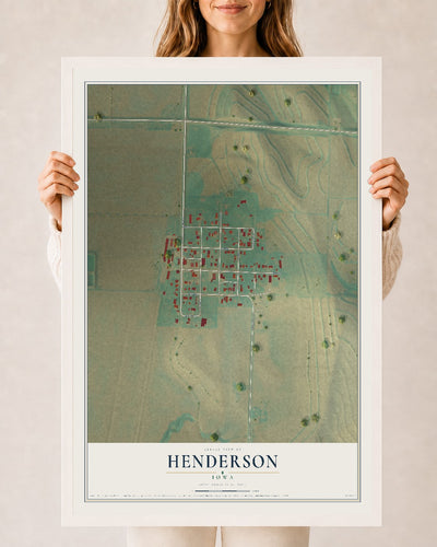 Map of Henderson, Iowa, 24 x 36 inch print in a white wood frame