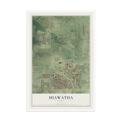 Map of Hiawatha, Iowa, 12 x 18 inch print in a white wood frame