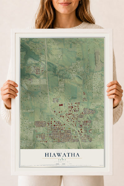 Map of Hiawatha, Iowa, 18 x 24 inch print in a white wood frame