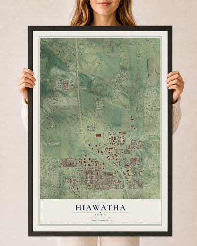 Map of Hiawatha, Iowa, 24 x 36 inch print in a black wood frame