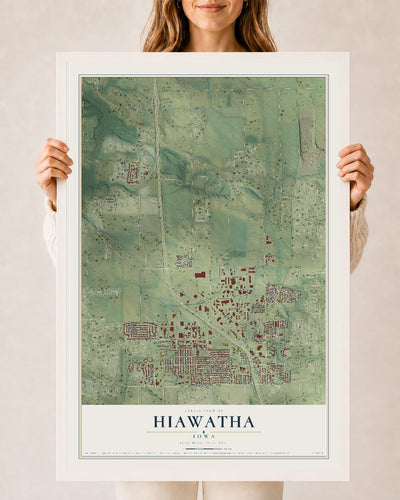 Map of Hiawatha, Iowa, 24 x 36 inch print in a white wood frame