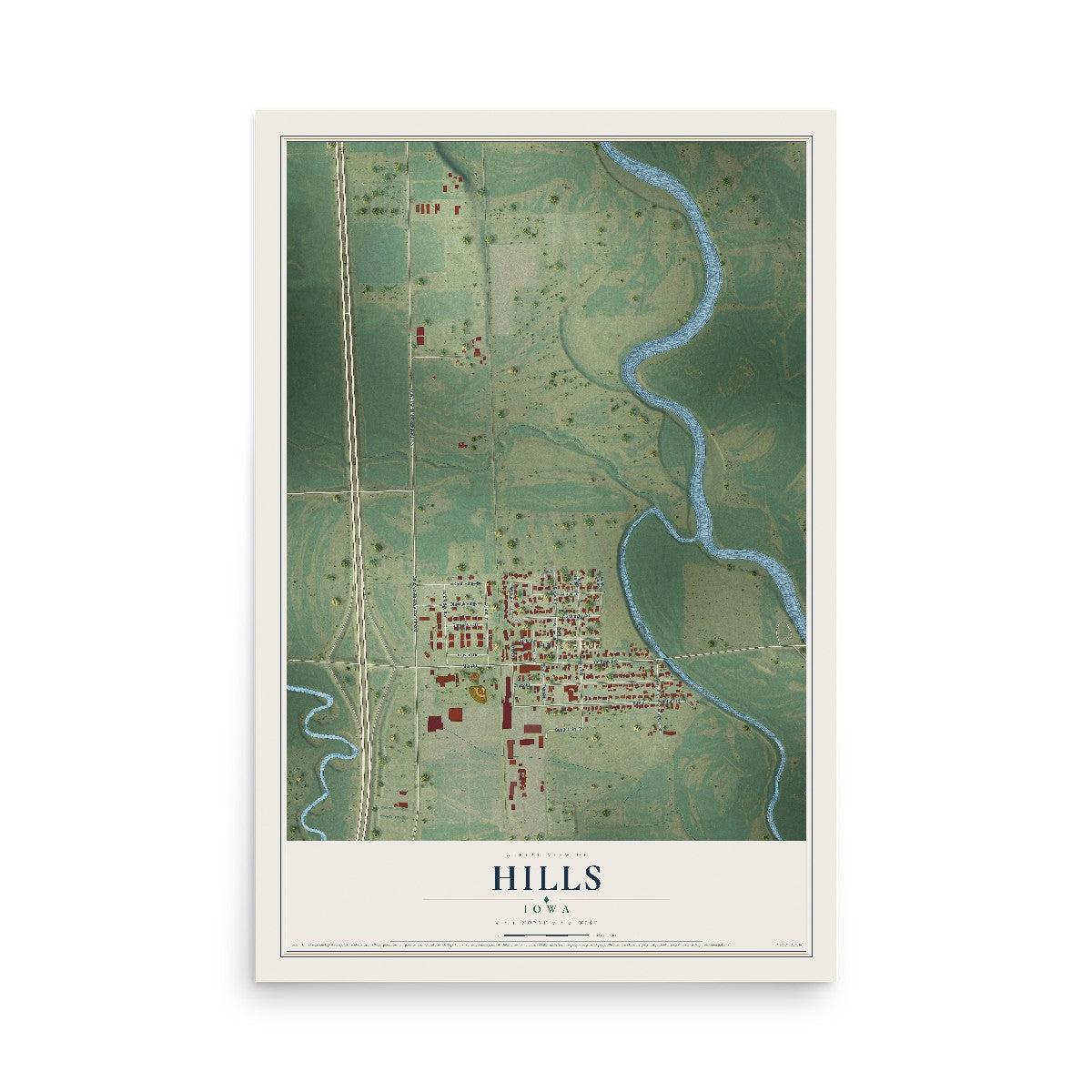 Map of Hills, Iowa, 12 x 18 inch unframed archival matte print