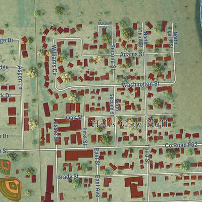Close-up of the map of Hills, Iowa print showing street and building detail