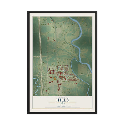Map of Hills, Iowa, 12 x 18 inch print in a black wood frame