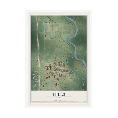 Map of Hills, Iowa, 12 x 18 inch print in a white wood frame