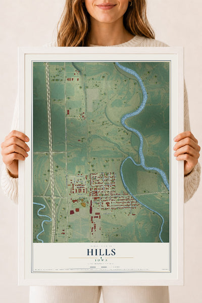 Map of Hills, Iowa, 18 x 24 inch print in a white wood frame
