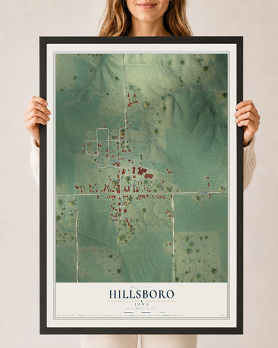 Map of Hillsboro, Iowa, 24 x 36 inch print in a black wood frame