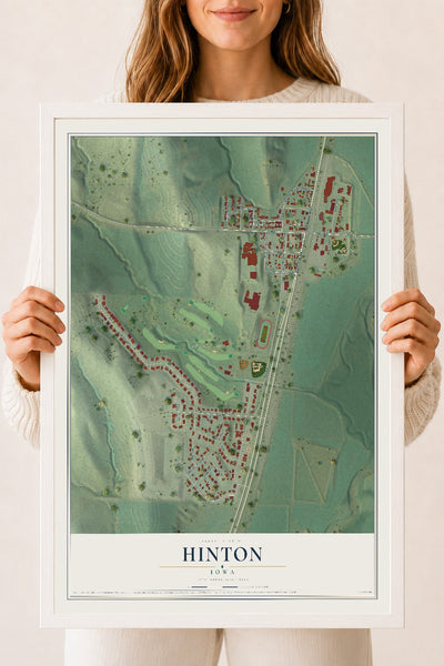 Map of Hinton, Iowa, 18 x 24 inch print in a white wood frame