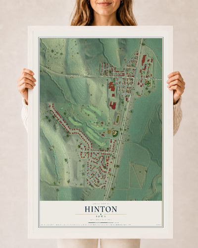 Map of Hinton, Iowa, 24 x 36 inch print in a white wood frame