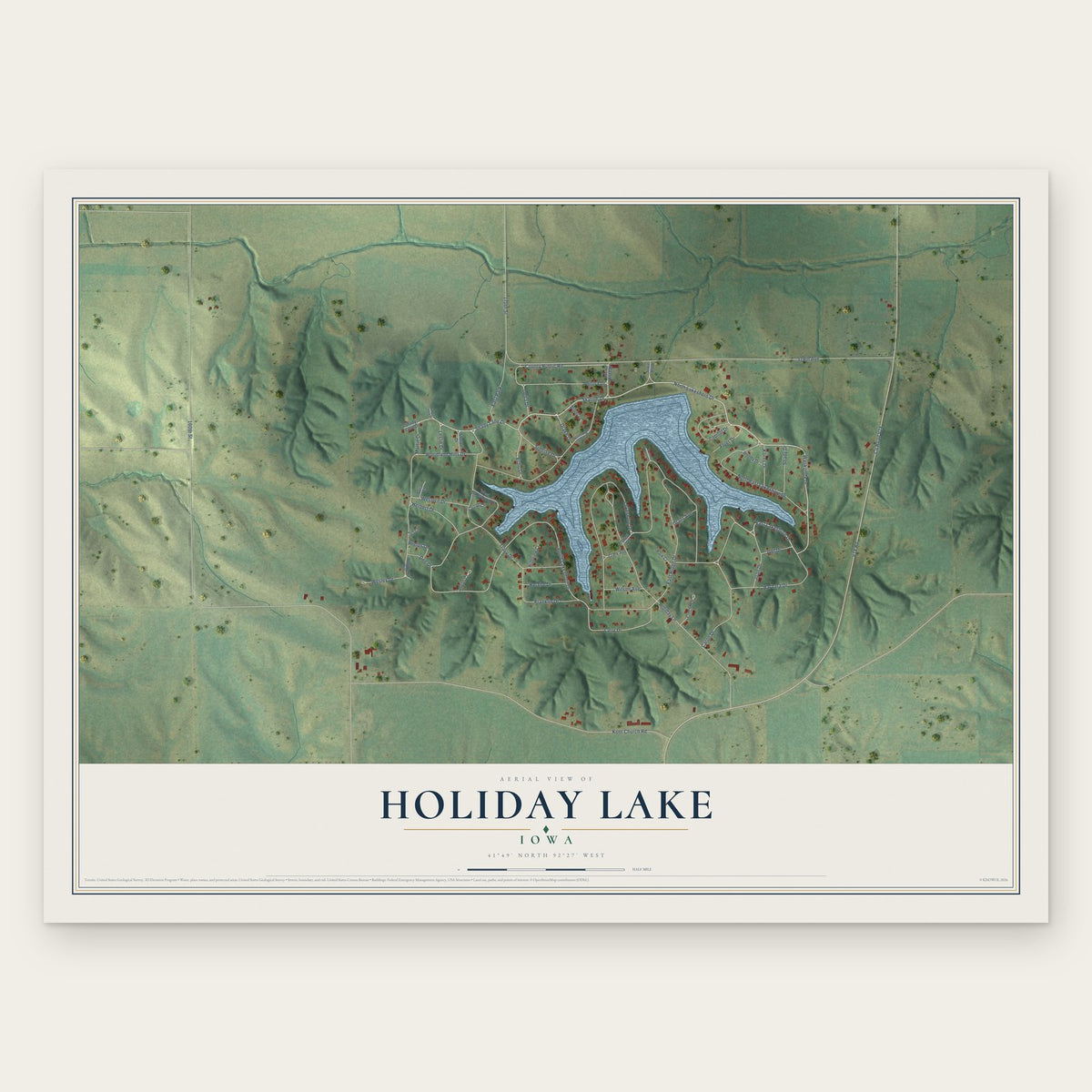 Holiday Lake, Iowa map print, the full design