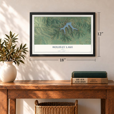 Holiday Lake, Iowa map, 12 x 18 inch print in a black frame in an entryway