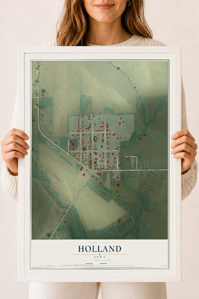 Map of Holland, Iowa, 18 x 24 inch print in a white wood frame