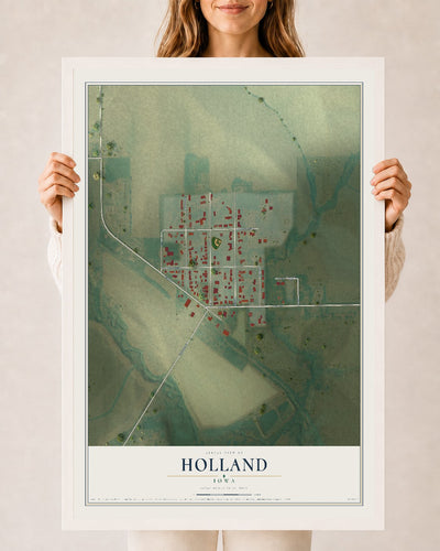 Map of Holland, Iowa, 24 x 36 inch print in a white wood frame