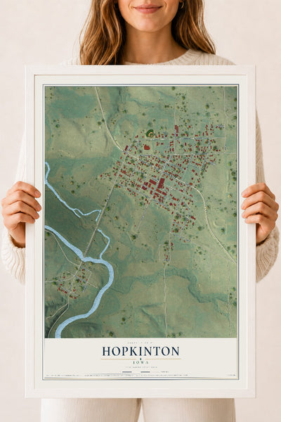 Map of Hopkinton, Iowa, 18 x 24 inch print in a white wood frame
