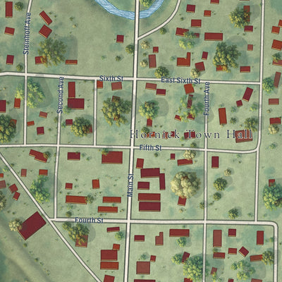 Close-up of the map of Hornick, Iowa print showing street and building detail