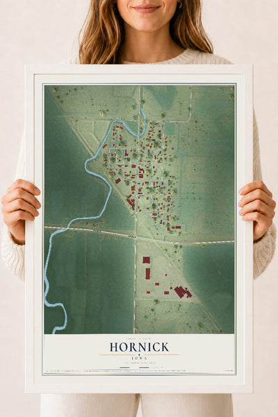 Map of Hornick, Iowa, 18 x 24 inch print in a white wood frame