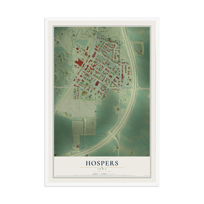 Map of Hospers, Iowa, 12 x 18 inch print in a white wood frame