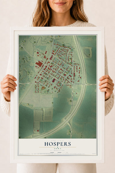 Map of Hospers, Iowa, 18 x 24 inch print in a white wood frame