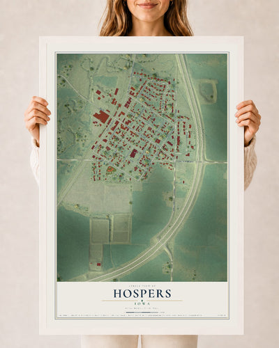 Map of Hospers, Iowa, 24 x 36 inch print in a white wood frame