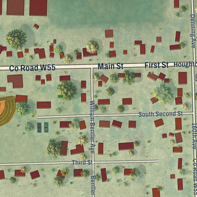 Close-up of the map of Houghton, Iowa print showing street and building detail