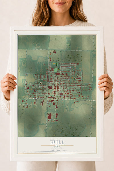 Map of Hull, Iowa, 18 x 24 inch print in a white wood frame