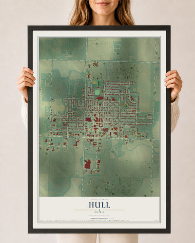 Map of Hull, Iowa, 24 x 36 inch print in a black wood frame