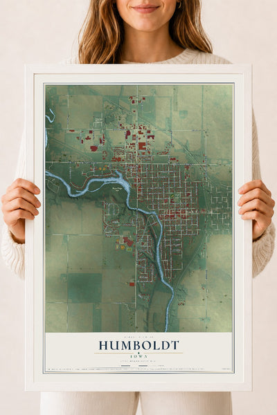 Map of Humboldt, Iowa, 18 x 24 inch print in a white wood frame