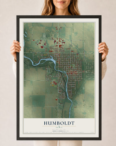 Map of Humboldt, Iowa, 24 x 36 inch print in a black wood frame